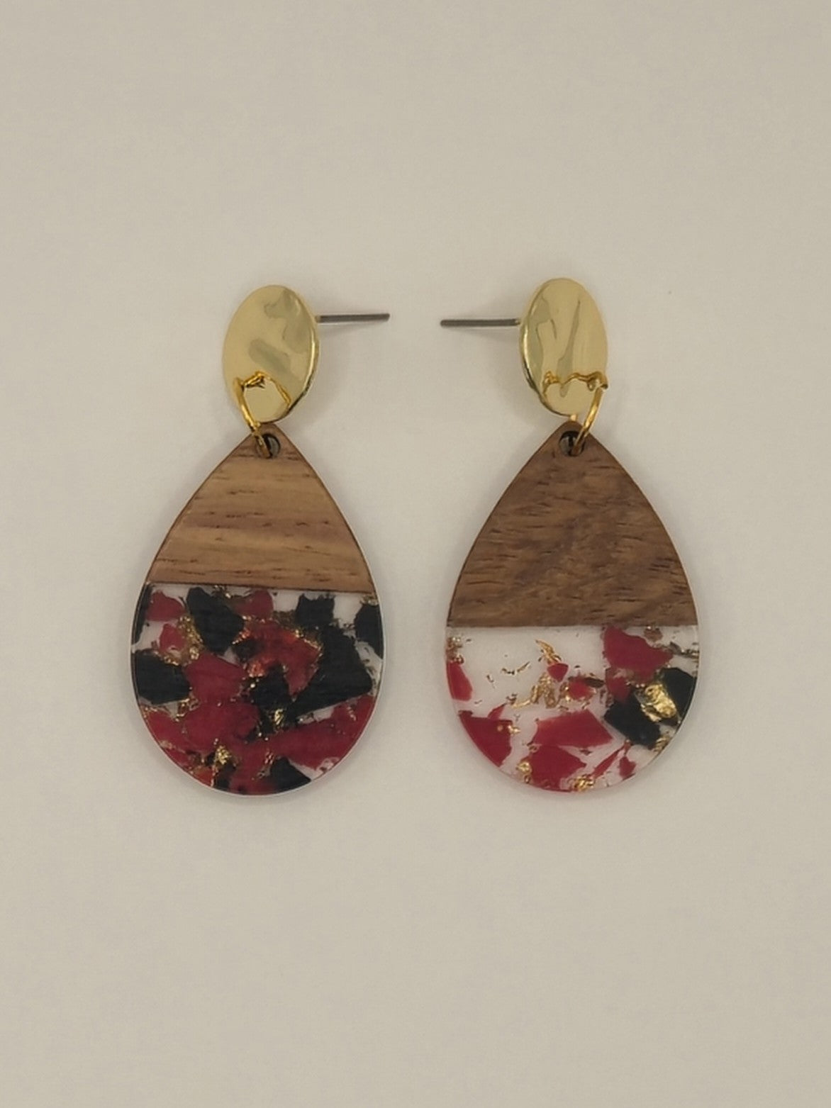Red & Black Wood & Resin Teardrop Earrings
