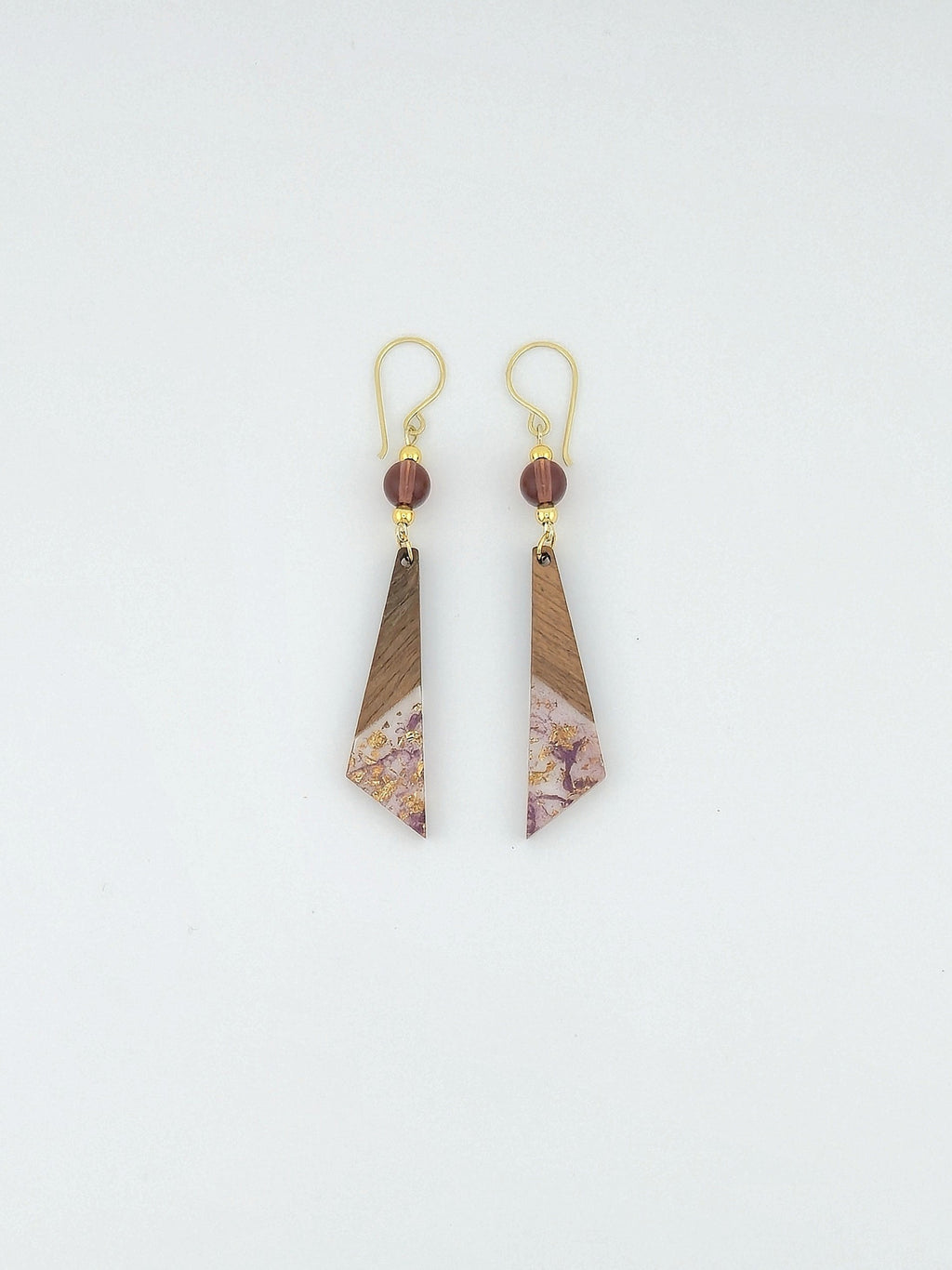 Purple Wood & Resin Long Triangle Earrings