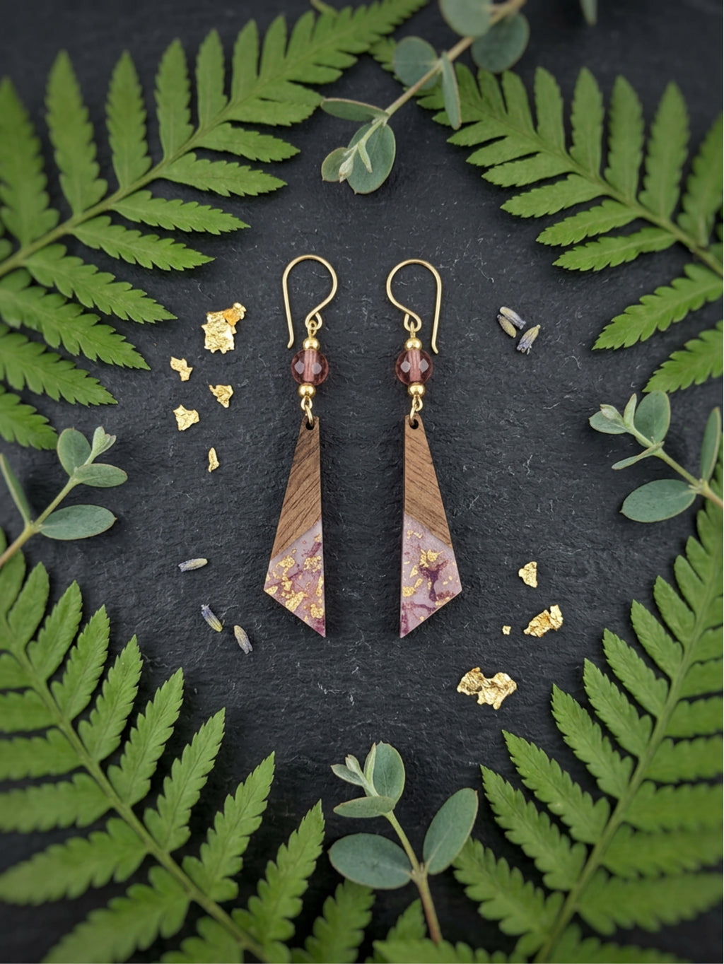 Purple Wood & Resin Long Triangle Earrings
