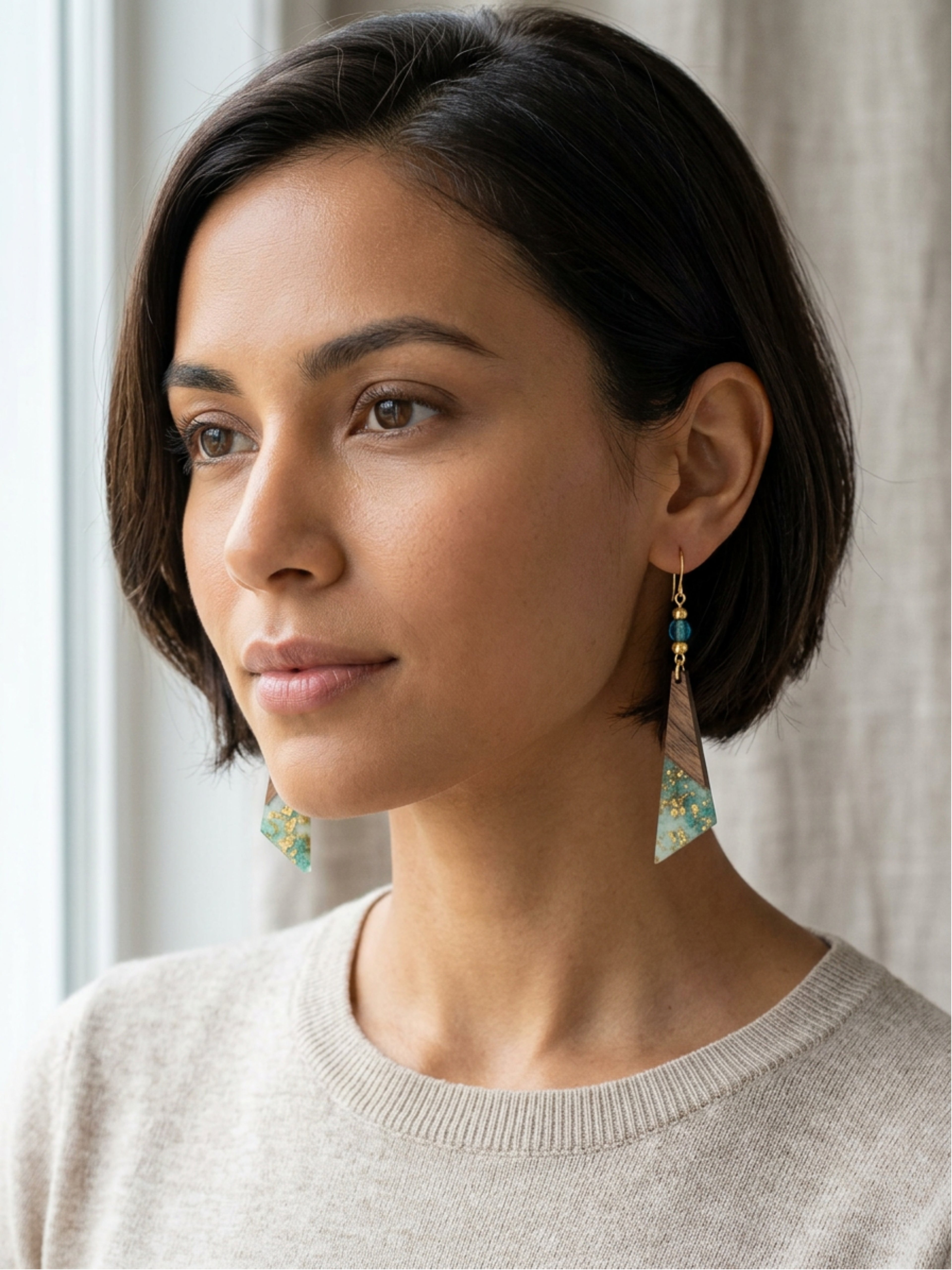 Turquoise Wood & Resin Long Triangle Earrings