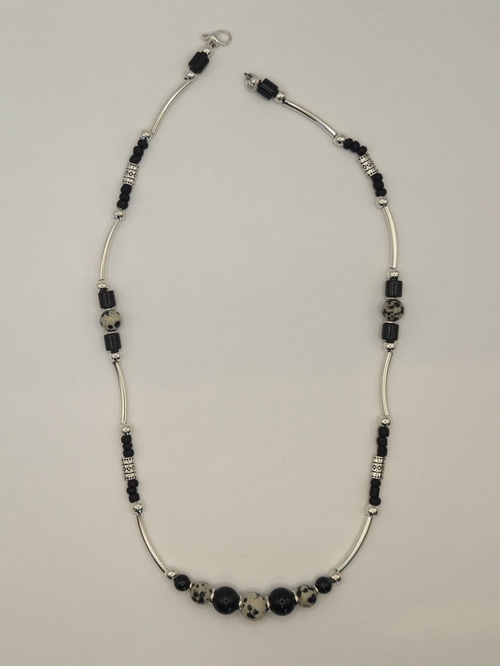 Tibetan Black Agate & Dalmatian Stone Necklace w/ heishiBeads