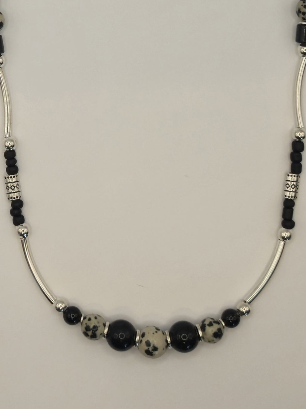 Tibetan Black Agate & Dalmatian Stone Necklace w/ heishiBeads