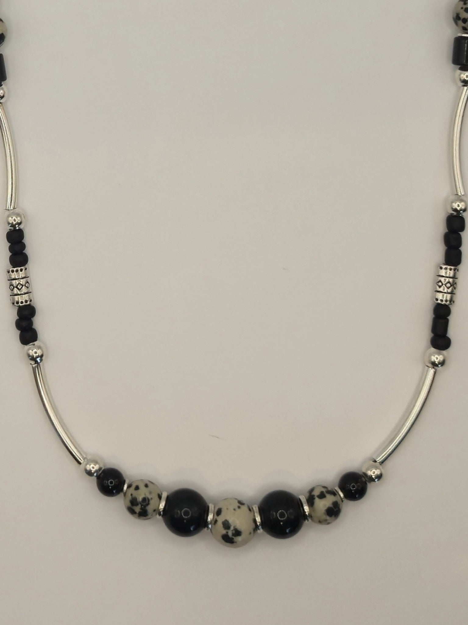 Tibetan Black Agate & Dalmatian Stone Necklace w/ heishiBeads