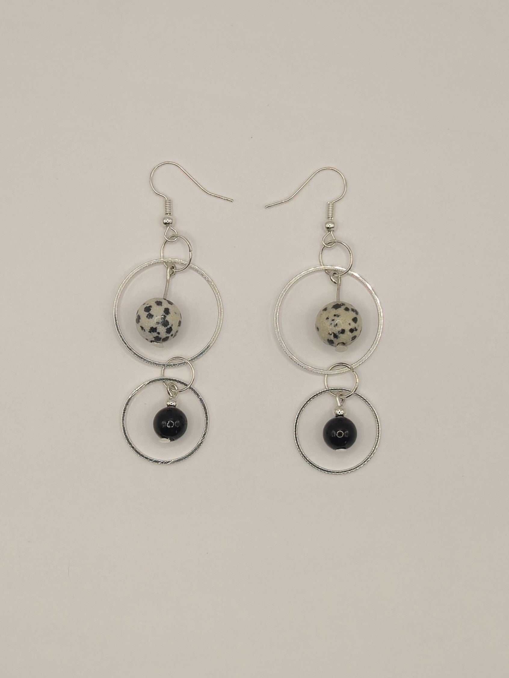 Black Agate & Dalmatian Stone Double Pendant Earrings