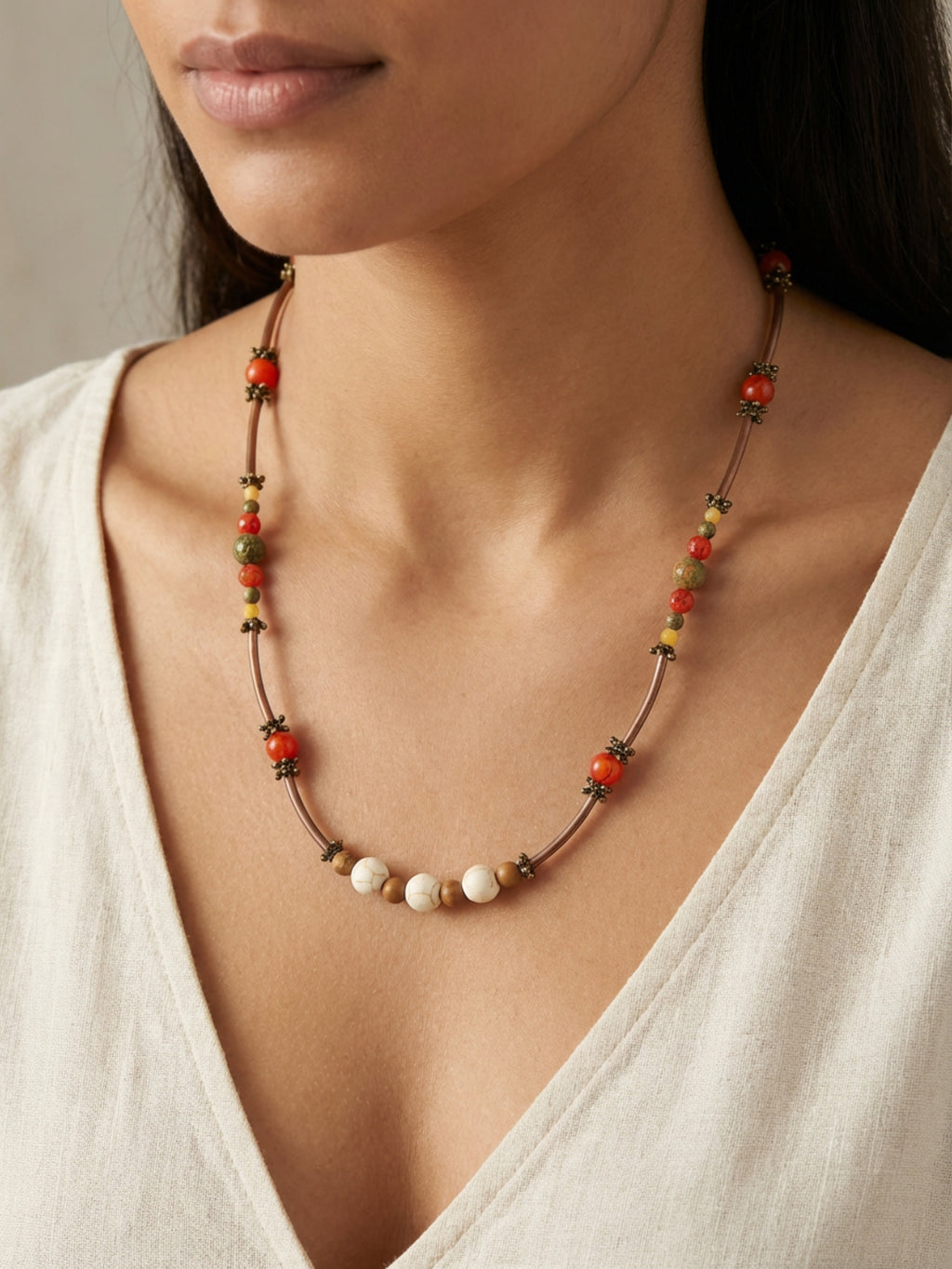 White Crackle Howlite & Red Agate Stone Necklace