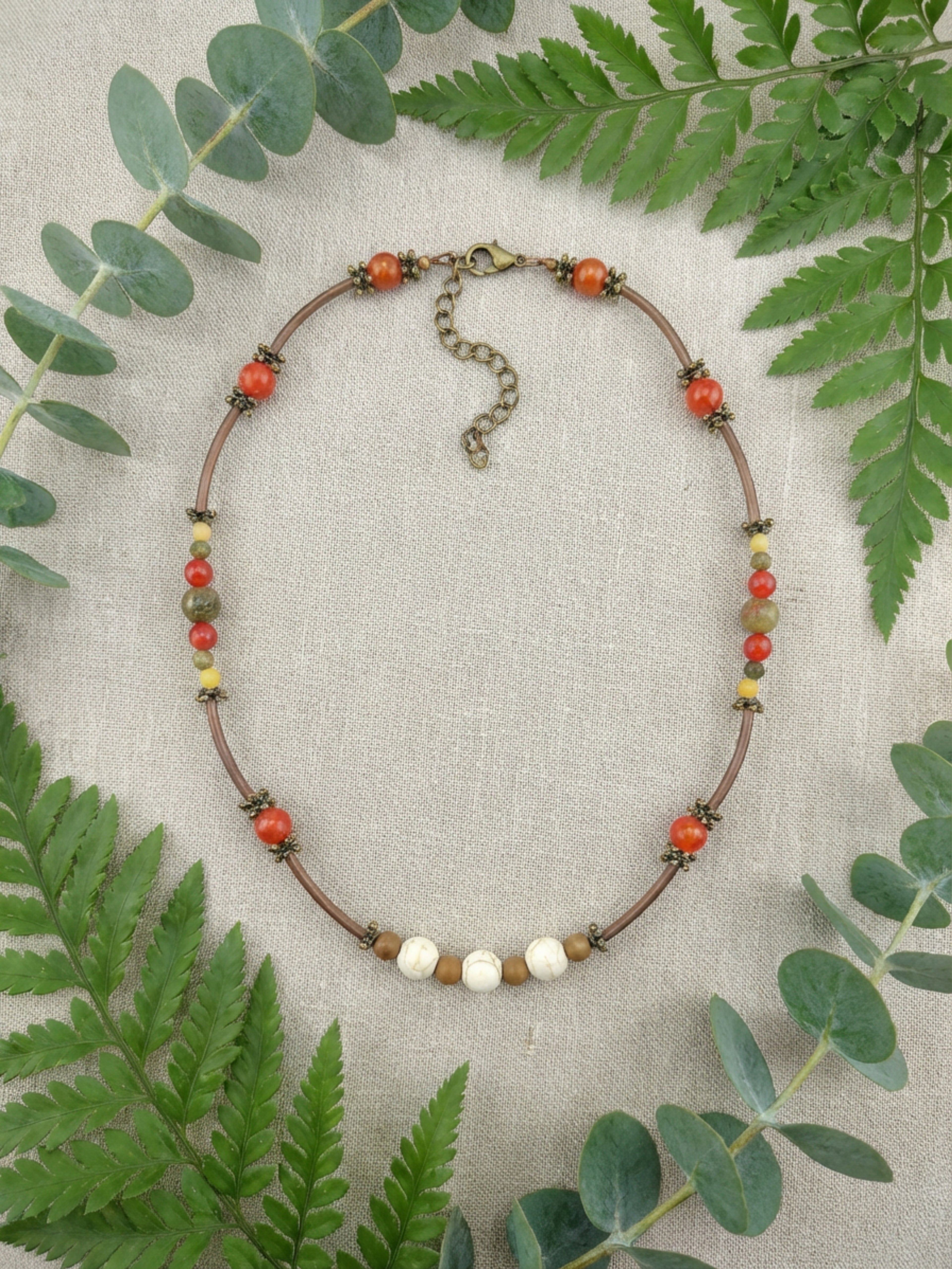 White Crackle Howlite & Red Agate Stone Necklace