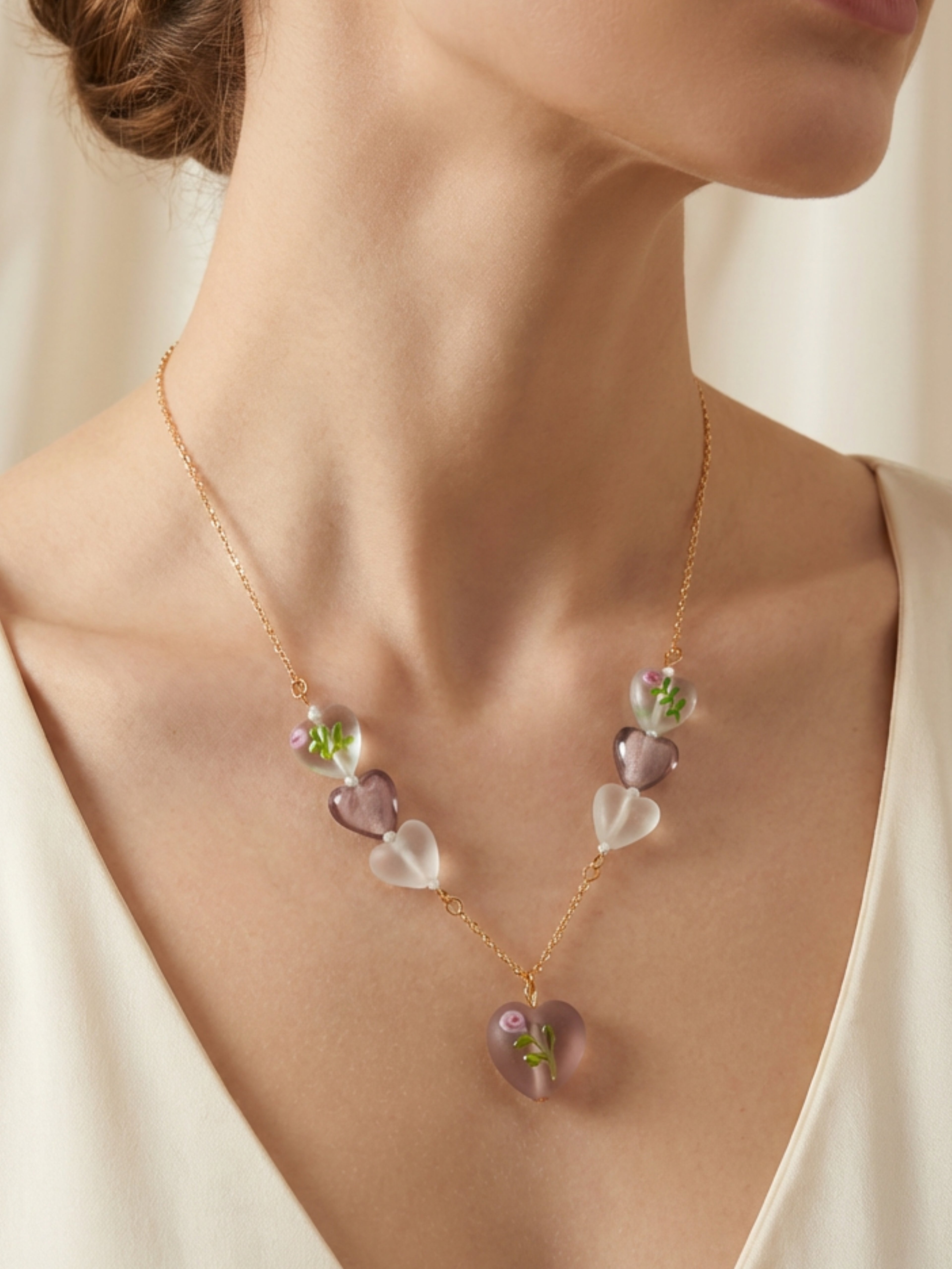 Amethyst Painted Heart Pendant Necklace- 22"