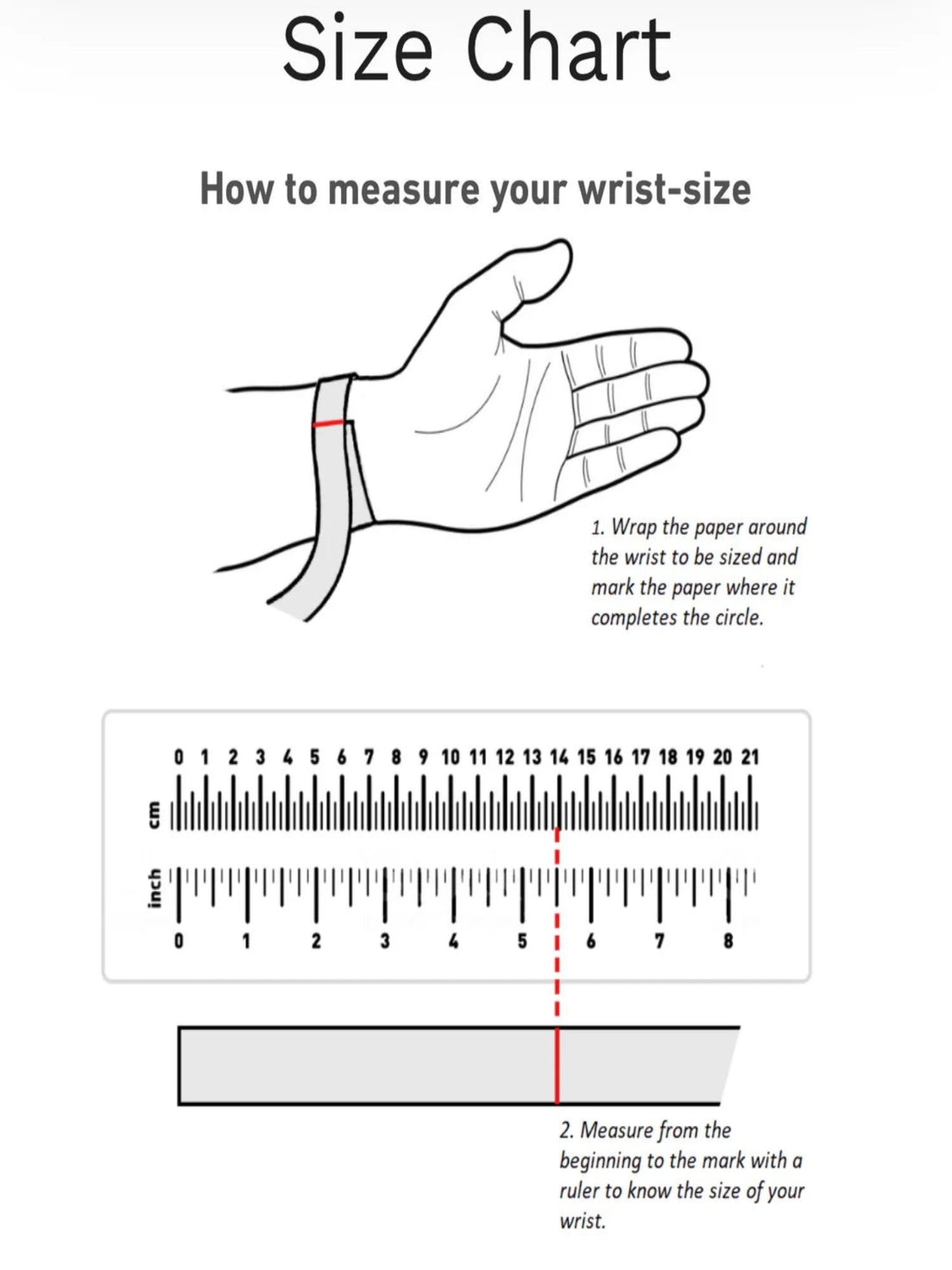 Size chart for measuring wrist size with a hand illustration and ruler.
