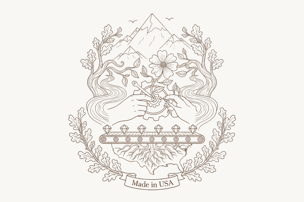 Line art of showing something being made in the US with nature themes in the color: #432B17 and with the background color of :#F9F7F4